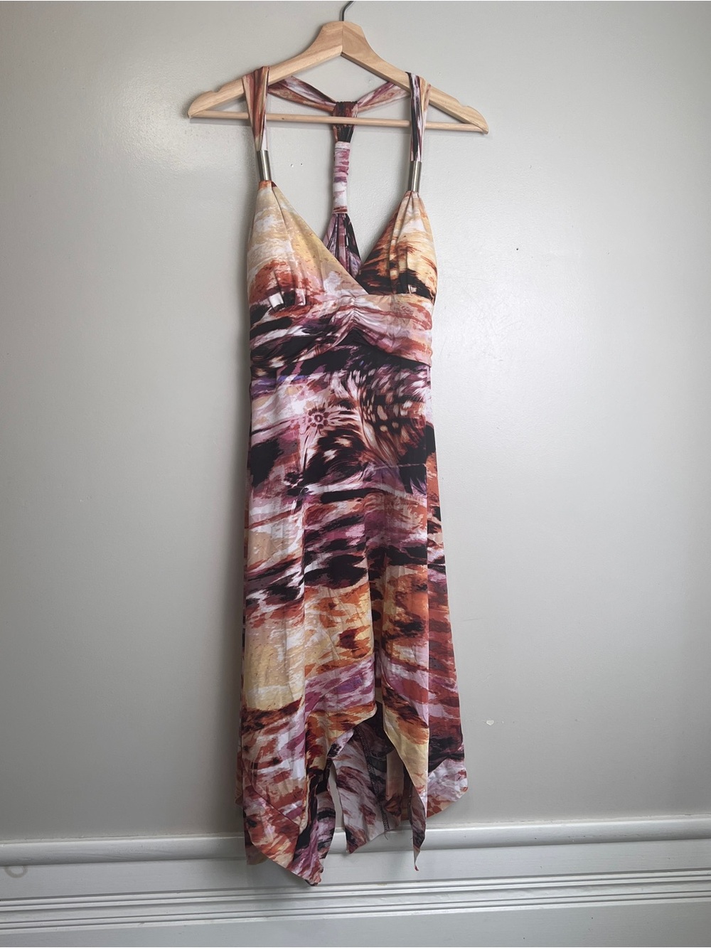 Phil 2010 Abstract Print Halter Boho Midi Dress with Handkerchief Style Hem M-L
